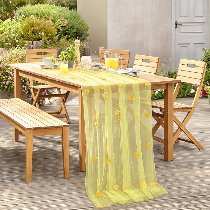 BINBE Flower Pearl Table Runner Spring Summer Rustic Boho 10ft Tulle Table Runner for Baby Shower Wedding Veil Holiday Dessert Table Decor Yellow
