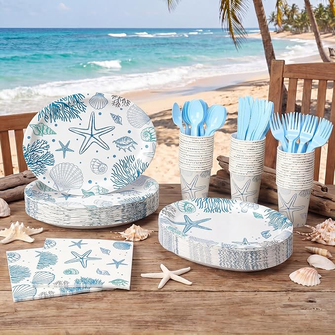 Pajean 350 Pcs Ocean Seashell Party Decorations 12 in Summer Disposable Oval Plates and Napkins Blue Coral Heavy Duty Tableware Set for 50 Guests Last Toast on The Coast Birthday Party Supplies