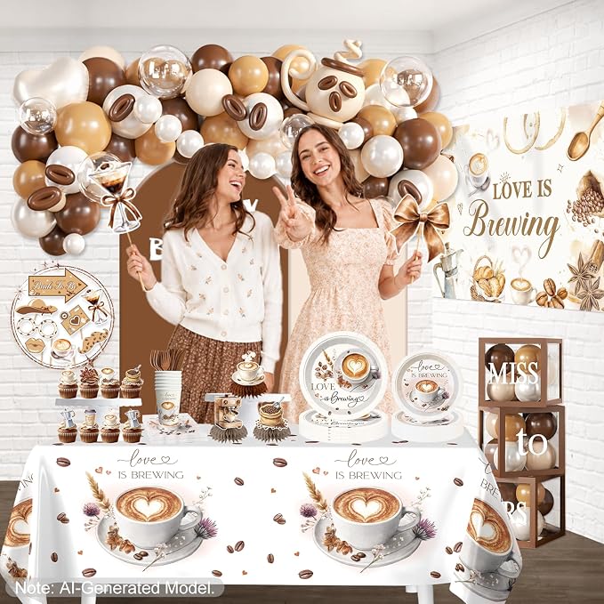 316 pcs Love Is Brewing Bridal Shower Decorations, All-in-One Bridal Shower Decor Set for 25 Guests with Balloon Arch, Bridal Veil, Tablecloth, Backdrop, Cake Topper, Thick Plates and Photo Props