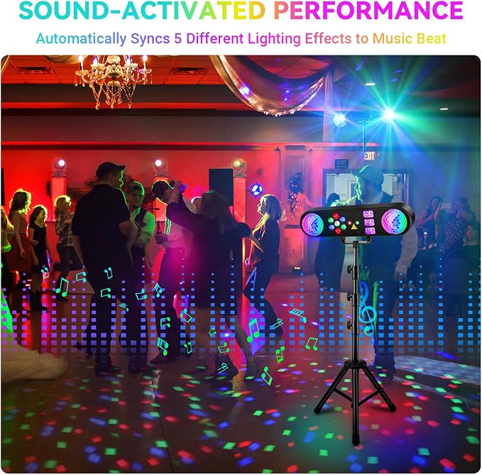 DJ Party Lights with Stand: Complete 5IN1 Light Bar System - Sound Activated Disco Ball UV Blacklight Strobe LED Par & Pattern Lights - Tripod Stand for House Parties Mobile DJs Christmas Lighting
