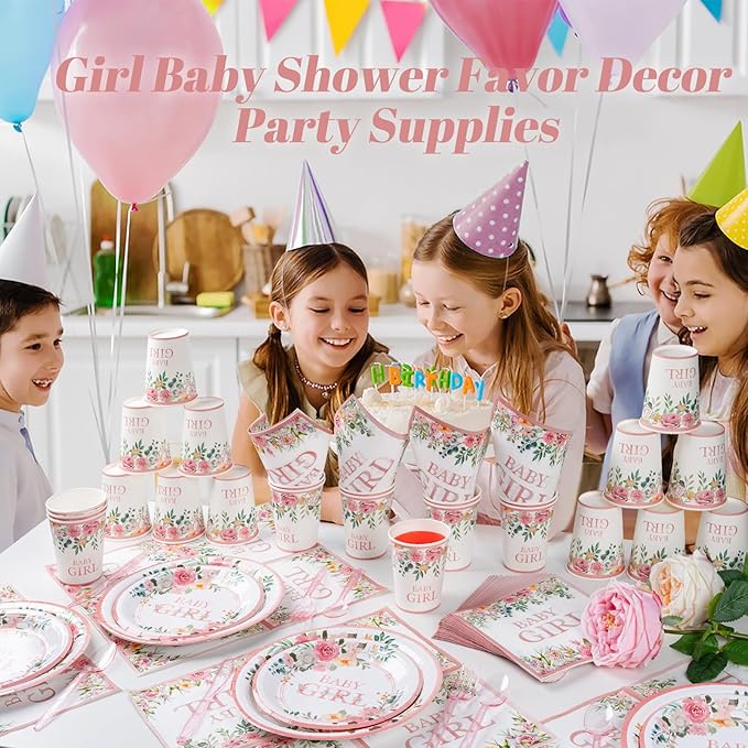 350 Pieces Baby Shower Decorations for Girl Serves 50 Guests, Floral Disposable Dinnerware Set, Pink and Rose Gold Paper Plates Cups Napkins with Plastic Cutlery