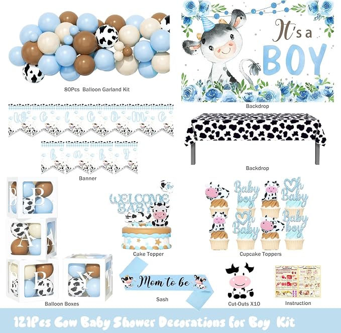 Cow Baby Shower Decorations for Boy, Cow Print Baby Shower Decorations, Blue It’s a Boy Backdrop Balloon Welcome Banner Tablecloth Cake Topper Box Mom To Be Sash