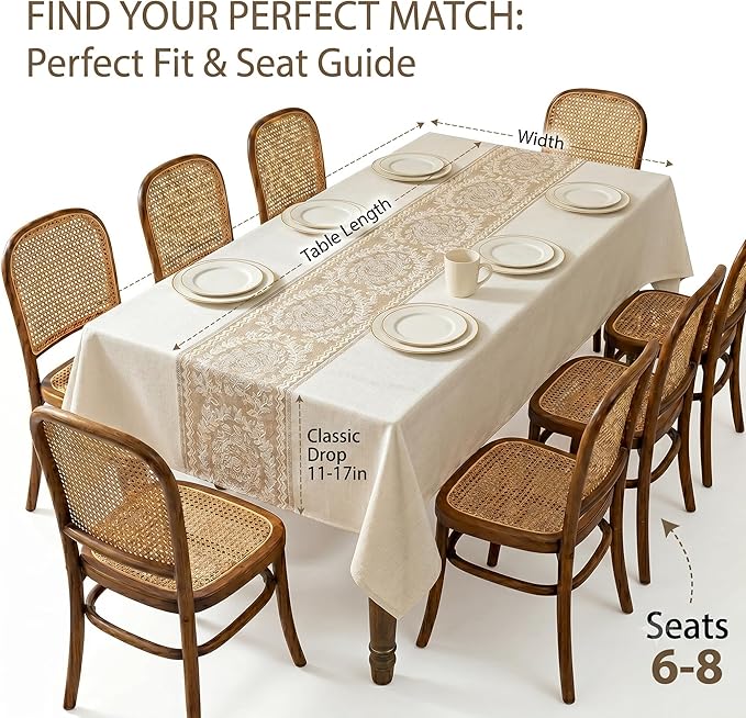 Nordic Beige Linen Tablecloth, Heavy-Duty Rectangle Cover | Spill-Resistant & Wrinkle Free Elegant Drape Table Protector for Kitchen Dining Room Party Decor