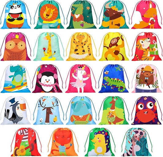 WILLBOND 24 Pack Drawstring Party Favor Bags for Kids Safari Animal Cartoon Candy Goodie Return Gift Bags for Kids Birthday Party Jungle Animal Back to School Halloween Holiday Baby Shower Supplies