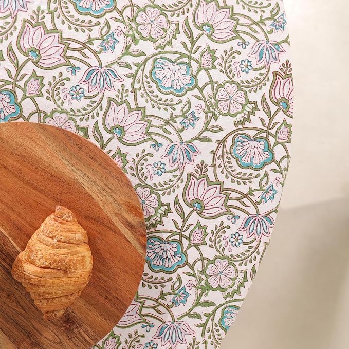 Hand Block Printed Tablecloth – Colorful Floral Print | 100% Cotton | Indian Artisan Handmade Art | Dining Room, Kitchen, Outdoor Décor, (Rosy Dawn Delight, 6 Seater 72 Inches Round)