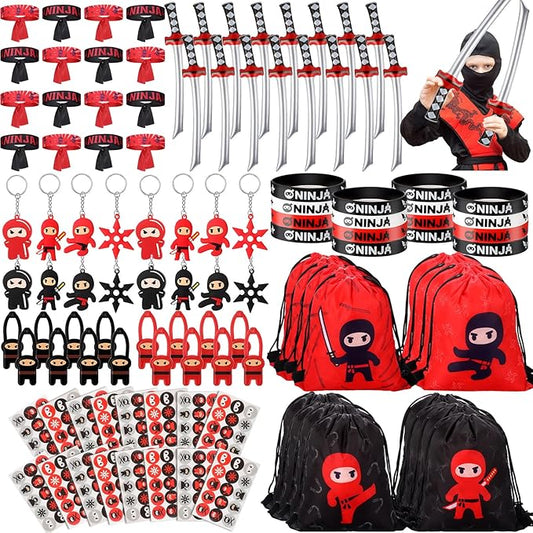 Tondiamo 84 Pcs Ninja Pirate Party Favors With Drawstring Backpack, Headband, Inflatable Sword, Bracelet, Sticker, Keychain, Stretch Eye Mask for Karate Birthday (Ninja Style)