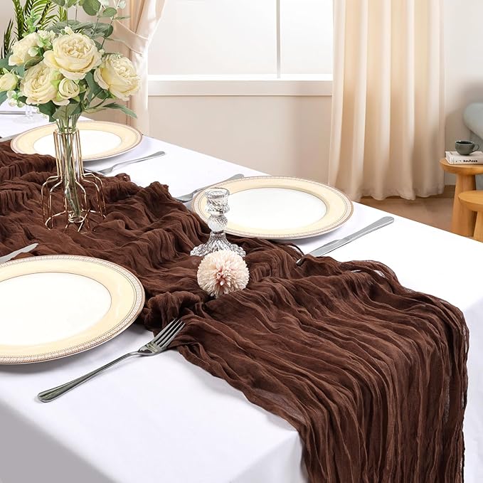 6 Pack 10FT Brown Cheesecloth Table Runner 120 Inch Long Gauze Rustic Boho Spring Cheese Cloth Table Runner Sheer Fabric Decorations for Holiday Party Wedding Banquet Bridal Baby Shower Décor