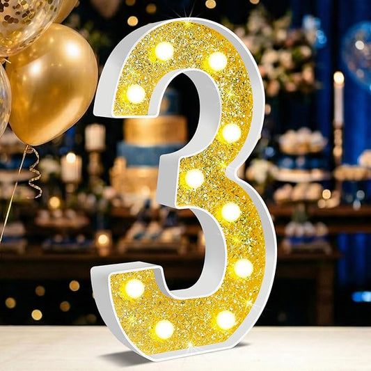12.6 Inch LED Gold Marquee Light Up Numbers, 3rd Birthday Decorations Number Lights as Gifts for Girls Boys, Glitter Lighted Marquee Numbers for Golden Anniversary Party Table Decor, 3