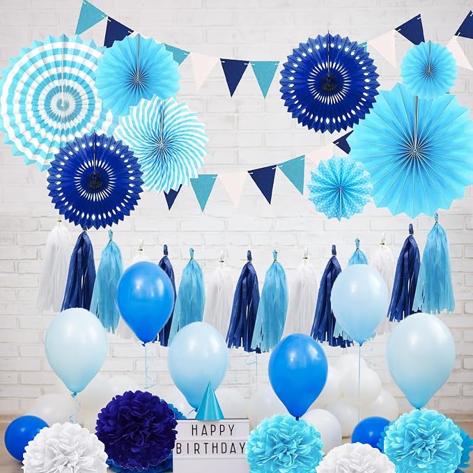 Blue Party Decorations Birthday Paper Fan Baby Shower Tissue Pom Poms Streamers Bachelorette Party Supplies Tassel Garland Banner Wedding Decor