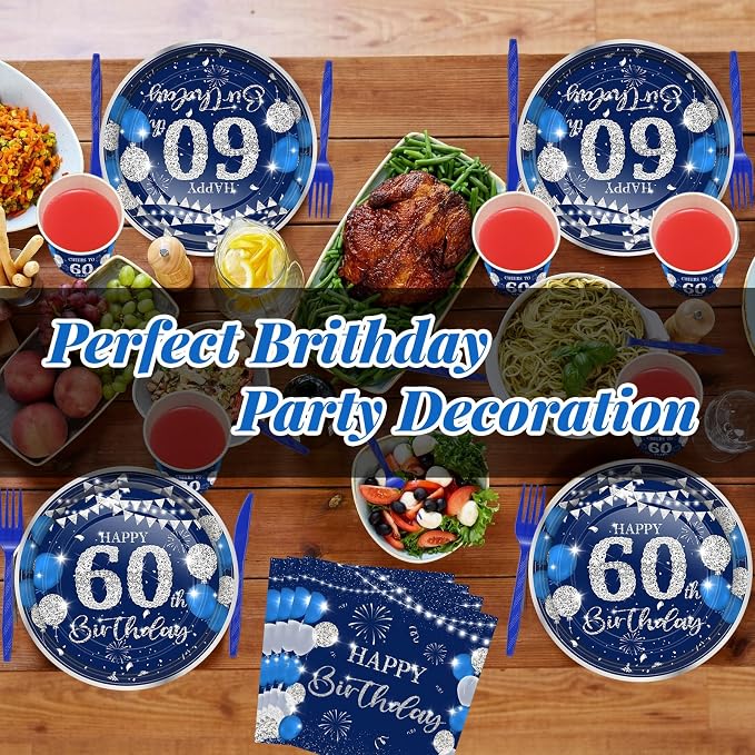 240 Pcs 60th Birthday Decorations 1966 Birthday Party Tableware Include Plates Napkins 9oz Cups Cutlery 60th Anniversary Party Supplies for Men Women Him Her, Serve 30 Guests (Blue Silver)