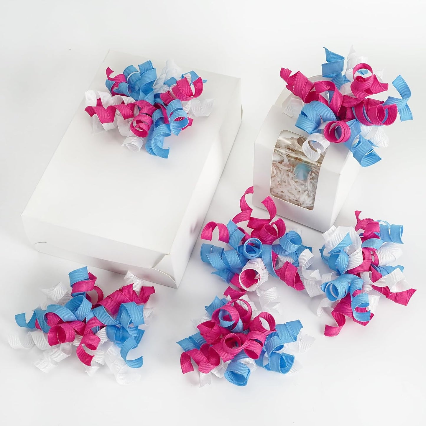 HUIHUANG Baby Shower Bows for Gift Wrapping, Blue/Pink/White Curly Ribbon Bows Self Adhesive Burst Gift Bow for Gender Reveal Party, Baby Shower Favors, Wine Bottle, Treat Bags - 6 Counts