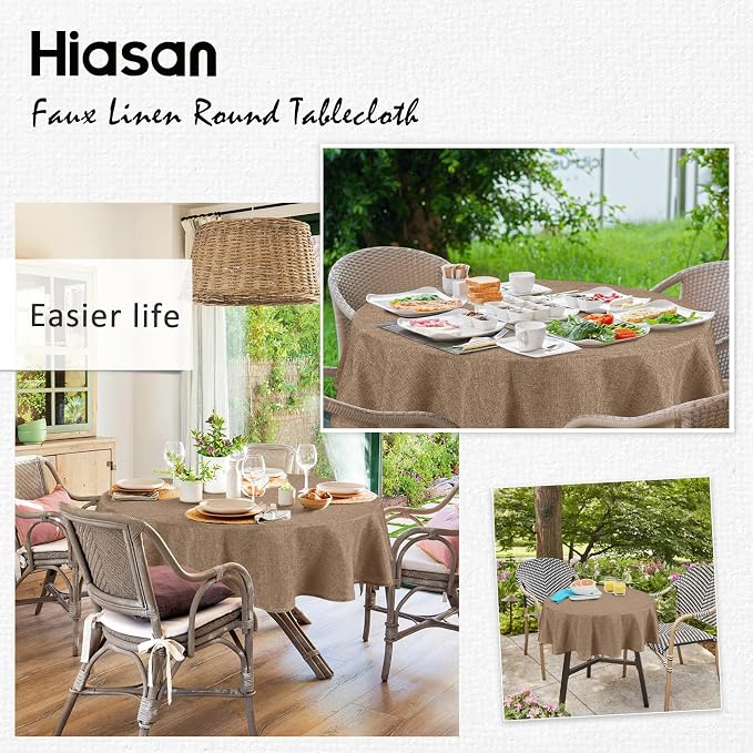 Hiasan 70 Inch Round Tablecloth Linen - Wrinkle and Stain Resistant Decorative Rustic Wipeable Table Cloth for Patio Dining Kitchen Party, Khaki