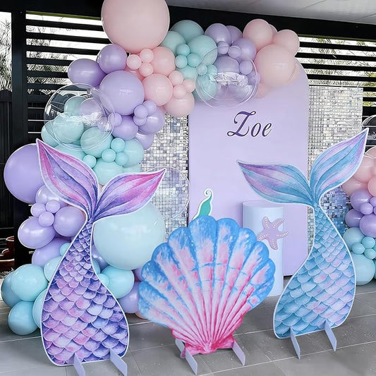 Large Mermaid Party Cutouts - 3Pcs Under The Sea Party Decoration Set 30 inch Mermaid Tail Shell Cardboard Stand Sign for Baby Shower Birthday Favor Photo Booth Prop