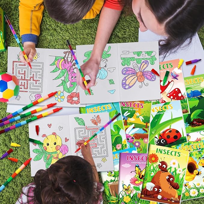 BenLouis 24 Insects Mini Coloring Books Kids with 24 Stacking Crayons Spring Bugs Party Favors Activity Books Bulk for Kids Butterfly Bee Goodie Bag Gift Stuffer Classroom Reward