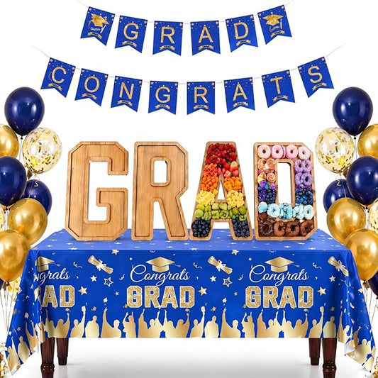 Mindsoft 30 Pcs Graduation Charcuterie Board Set 2026 Grad Bamboo Fillable Box with Blue Gold Congrats Banner, Balloons, Tablecloth Graduation Party Decorations Supplies for High School College