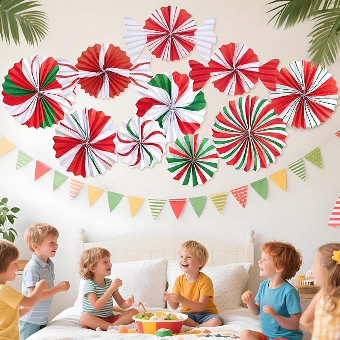 SUNBEAUTY Christmas Hanging Paper Fans Decoration Candy Peppermint Paper Christmas Decoration Candy Party Classroom Decor White and Red Xmas Ceiling Birthday Party Bulletin Board Office Decor