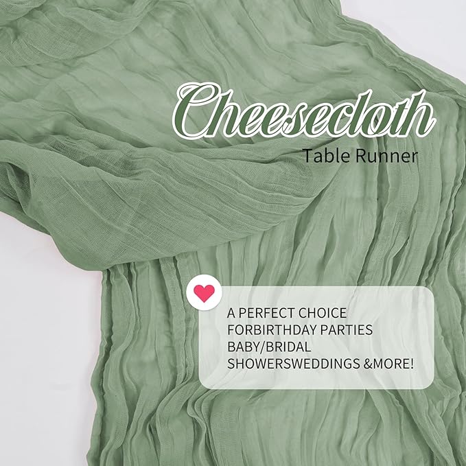 24 Packs 10Ft Cheesecloth Table Runner,Sage Green Table Runner,Gauze Boho Rustic Cheese Cloth Table Runner,Wedding Table Decor Table Cloth for Wedding Bridal Shower Birthday Party Table Decor
