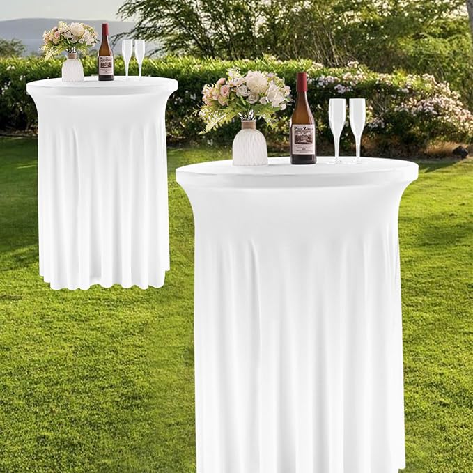 Fivenl 6 Pack Round Cocktail Tablecloth 32"x 43" Spandex Cocktail Table Skirt, Washable Stretch Fitted Table Covers for High Top Bar,Wedding,Party,Events (White)