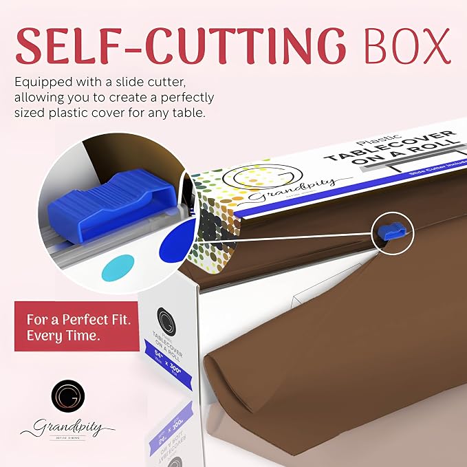 Grandipity Plastic Tablecloth Roll - 54in x 300 Ft. Brown Plastic Table Cloths for Parties Disposable with Cutter Box - Cut to Size Disposable Tablecloth Table Cover for Rectangle & Round
