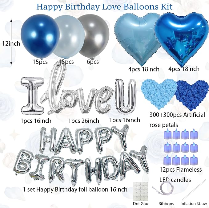 Blue Silver Birthday Decorations with LED Candles, Happy Birthday Balloons, Love Balloon, Rose Petals, Hotel Birthday Room Decorations for Men Women, Anniversary Surprise Decorations for Him Her