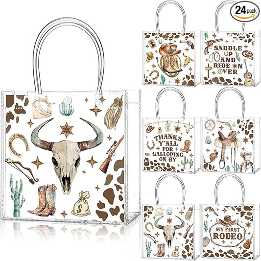Teenyyou 24 Pcs Western Cowboy Clear Gift Bags Reusable Party Favor Goodie Treat Snack Bag Bulk with Handles PVC Howdy Cowboy Boot Party Supplies for Birthday Bachelorette Baby Shower