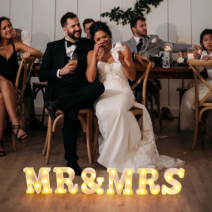 JUSTOTRY 6Pcs Mr & Mrs LED Light Up Letters, 6.2 Inch Shiny Freestanding Mr and Mrs Sign Lights for Marriage Anniversary Celebration Engagement Banquet Wedding Table Decoration (Warm White)