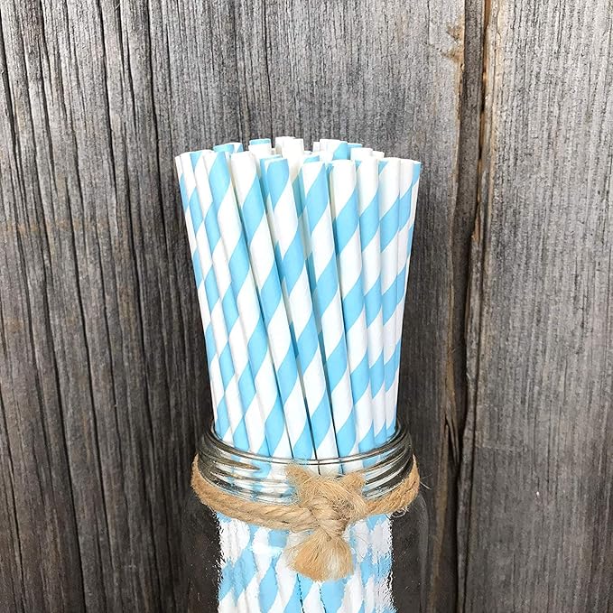 Biodegradable Striped Paper Straws,Paper Drinking Straws for Party, Events and Crafts,Baby Shower Decorations 7.75 Inches,100 Packs - Light Blue White - Striped