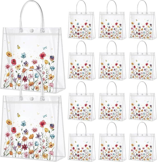 Kacctyen 24 Pcs Wildflower Party Favor Wildflower Clear PVC Gift Bags for Wedding Birthday Baby Shower Butterfly Flower Printed Treat Bags with Handles Return Gift Wrap Totes for Guests