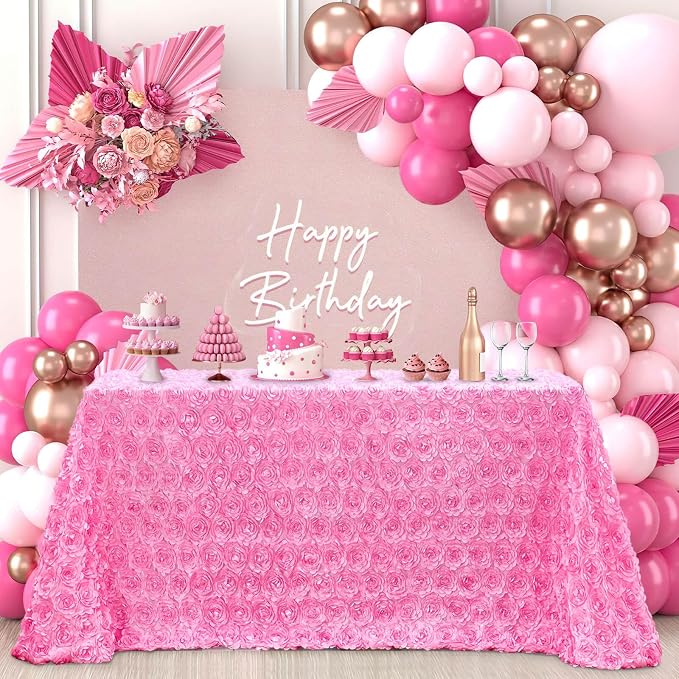 B-COOL 90x156 Inch Rosette Tablecloth Pink Rectangular Birthday Fabric Covers 3D Floral Satin Tablecloth Party Table Covers Boho Wedding Engagement Table Decoration