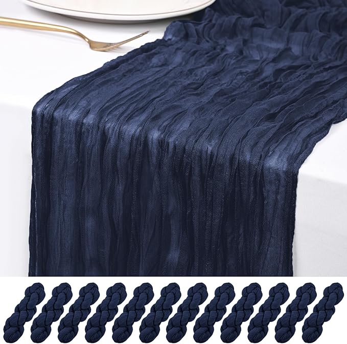 12 Pack Navy Blue Cheesecloth Table Runner 120 inch Fall Thanksgiving Boho Rustic Gauze Farmhouse 10FT Cheese Cloth Runner for Baby Shower Wedding Party Holiday Home Decor