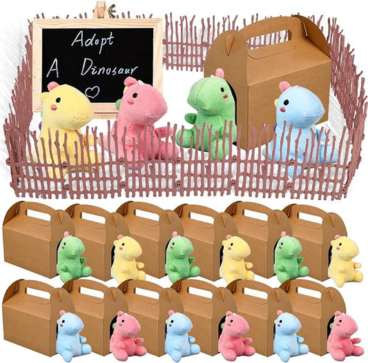 Adopt A Dinosaur Party Favors Mini Plush Stuffed Animals Set with 12 Plush Dinosaur Mini Fence Blackboard Kraft Paper Box for Adopt An Animal Themed Birthday Party