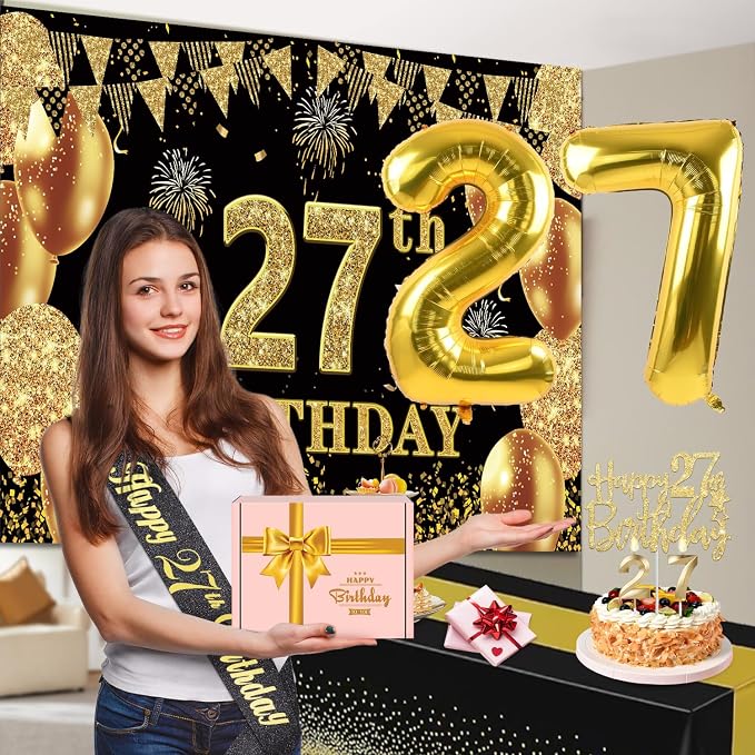 27th Birthday Decorations Men Women with 27th Birthday Banner, Black and Gold Table Cloth, Number Balloons, Large Sash, Cake Topper and Candles