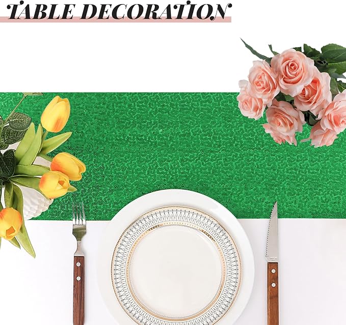 Sugargirl 10 Packs 12 x 72 inches Sequin Table Runner, Glitter Grass Green Table Runner for Birthday Party Supplies Wedding Holiday Celebration Event Decorations