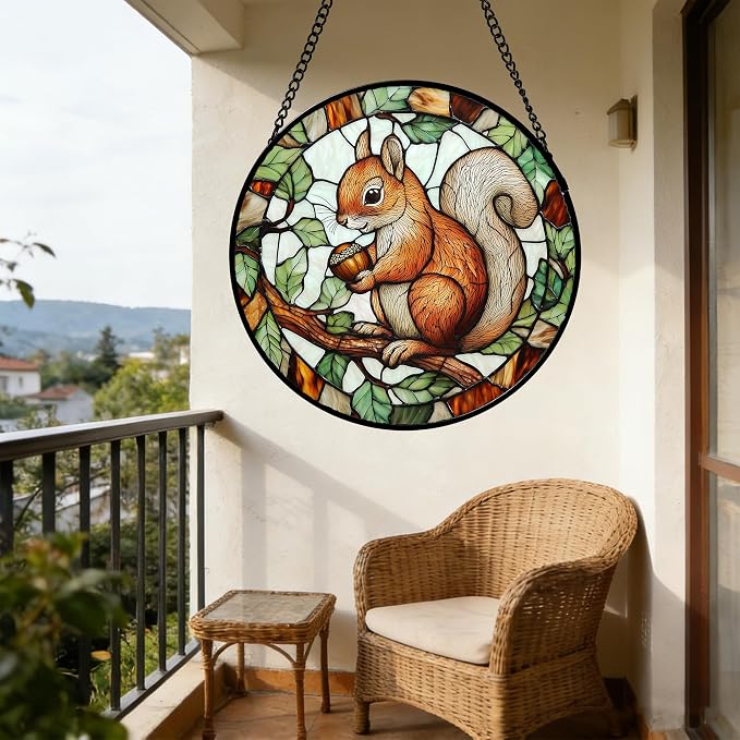 DASTOLL Stained Glass Window Hanging, Squirrel on a Branch Suncatcher Diamond Glass Panel Animal Sun Catchers Decor for Birthday for Women, Men, Wife, Aunt, and Mom 9.8 in