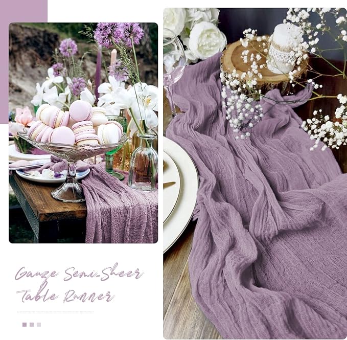 Showgeous 6 Pack Purple Cheesecloth Table Runner, 10FT Long Semi-Sheer Boho or Rustic Gauze Table Runner Wedding Table Decor for Wedding Decor Arch Draping Bridal Shower Holiday Party
