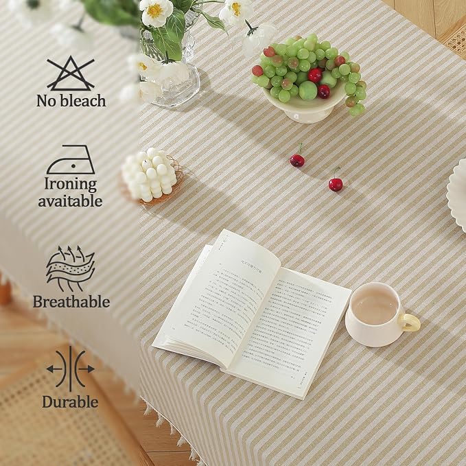meioro Table Cloth Beige Striped Tablecloth Tassels Cotton Linen Dust-Proof Table Cover for Dining Coffee Buffet Kitchen Picnic Tables Parties Tablecloths(52 x 70 Inch, Beige)