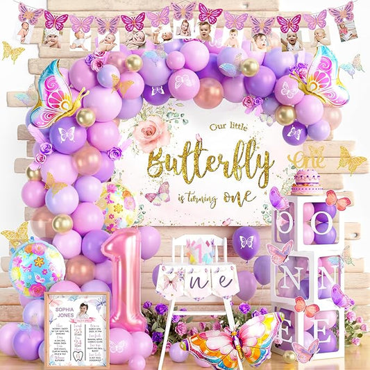 Butterfly First Birthday Decorations for Girls, 1st Birthday Decorations for Girl, Butterfly One Year Old Party Decorations, Backdrop Balloon Monthly Photo Banner Box One Cutout Cake Topper