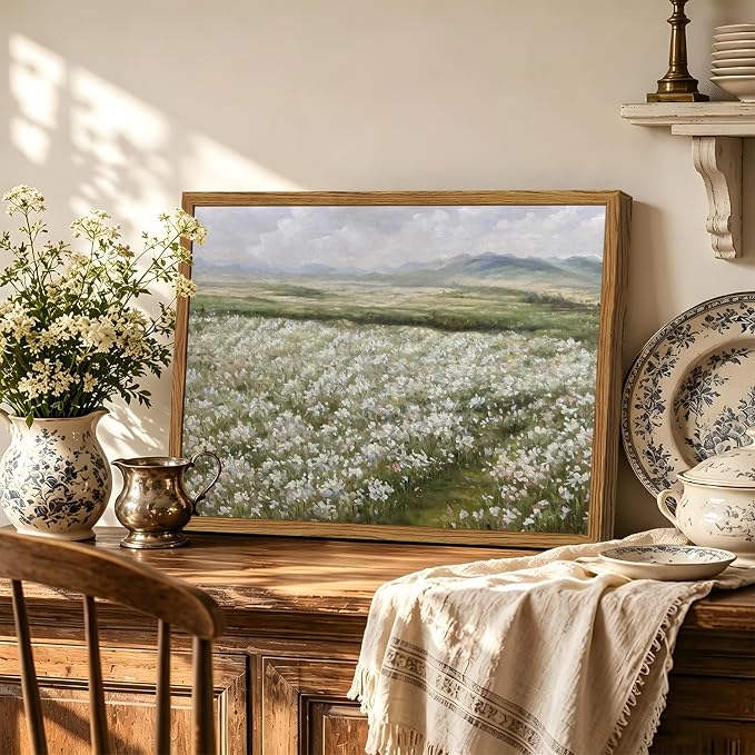 Framed Vintage Landscape Wall Art, Country Wildflower Field Pictures Wall Decor, Rustic Nature Flower Paintings Canvas Prints Farmhouse Home Decor for Living Room Bedroom Bathroom 16x24 inch