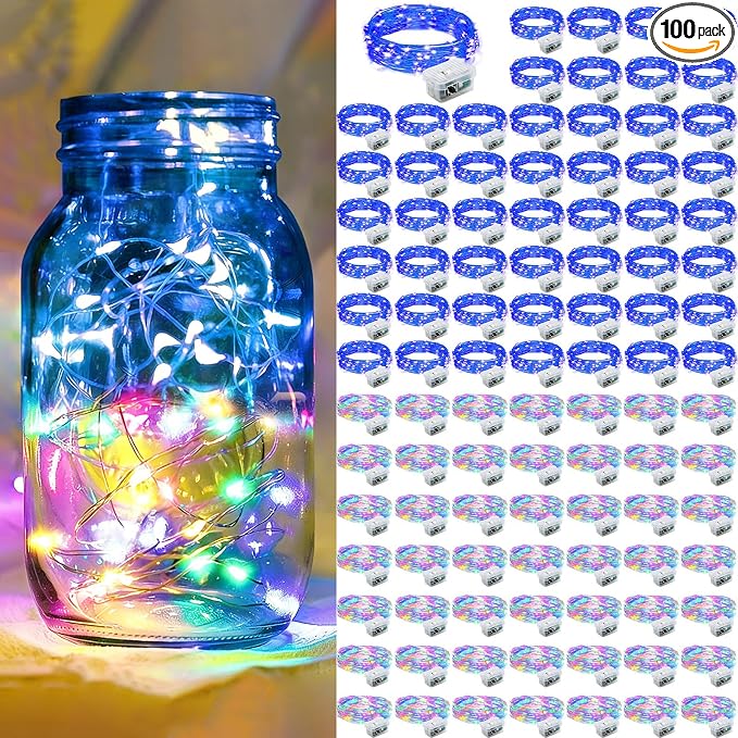 100 Pack Fairy Lights 7Ft 20 LED Twinkle String Lights Battery Operated Waterproof Firefly Starry for Mason Jar Party Wedding Christmas Valentines Day,Rainbow + Blue