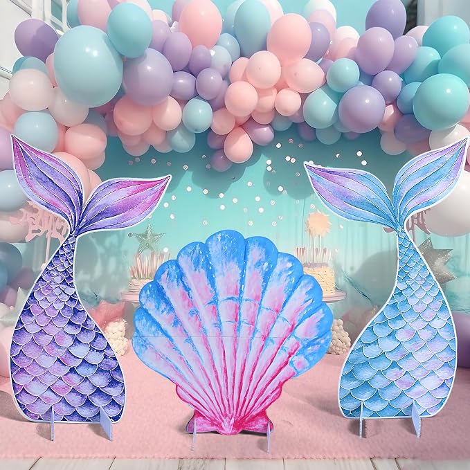 Large Mermaid Party Cutouts - 3Pcs Under The Sea Party Decoration Set 30 inch Mermaid Tail Shell Cardboard Stand Sign for Baby Shower Birthday Favor Photo Booth Prop