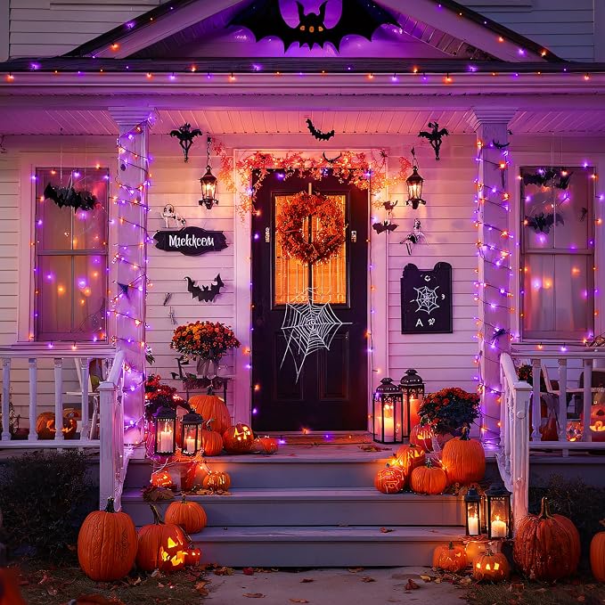 JMEXSUSS 2 Pack Solar String Lights Outdoor Waterproof, Total 400 LED 151FT Solar Christmas Lights Outdoor, 8 Modes Christmas Light for Outside Patio Yard Tree Decorations, Orange and Purple