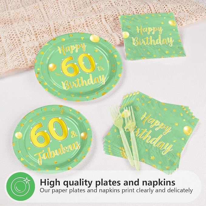 96 Pcs 60th Birthday Decorations for Women Green and Gold 60th Birthday Plates and Napkins Sage Green Tableware Set for Women Men 60 Years Old Party Supplies, Serves 24