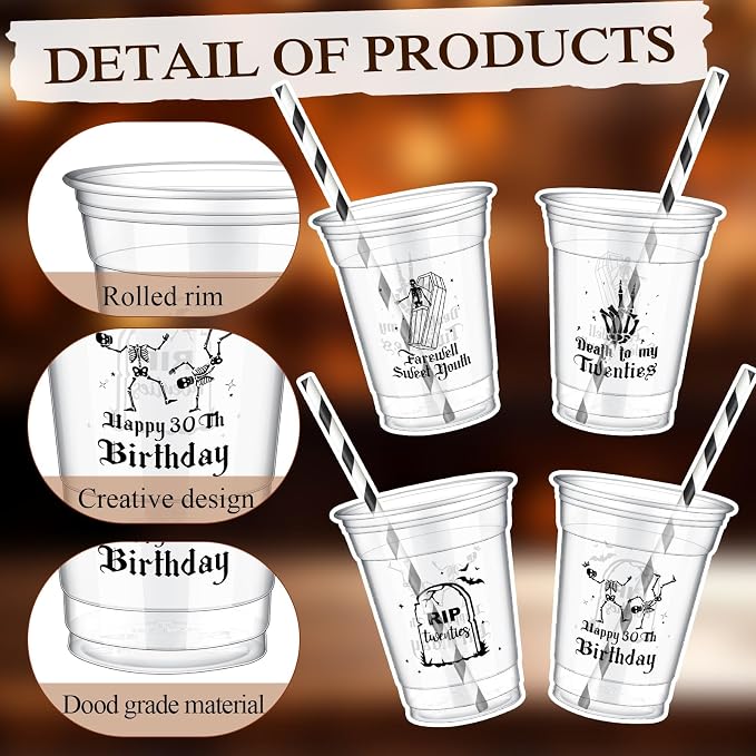 FoldTier 50 Pcs Death to My 20s Party Cups, Disposable Plastic Cups with Straws and Lids Clear mug Birthday Party Supplies for Kids Birthday Table Decorations