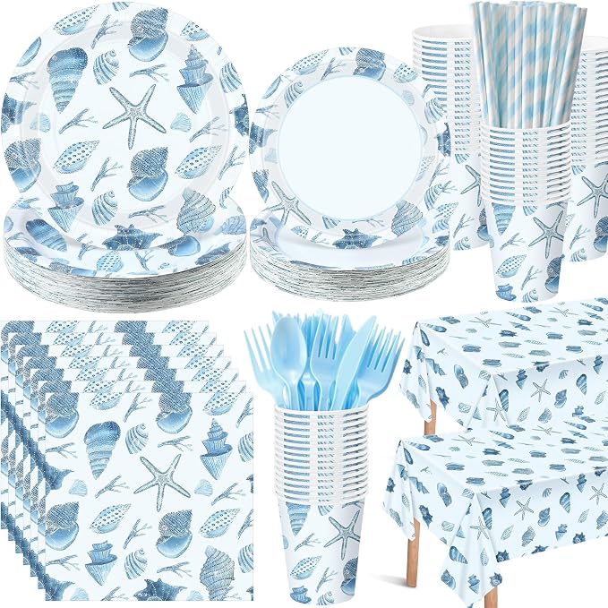 LemonRoad 452 Pcs Ocean Beach Seashell Party Decoration for 50, Coastal Seashell Paper Plates Napkins Cup Tablecloth Cutlery Straw Under The Sea Tableware for Summer Birthday Bachelorette Party Supply