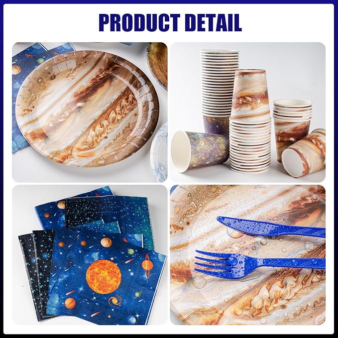 355pcs Space Birthday Decorations for 50 Guests Party Supplies Include Paper Plate, Napkin, Cup and Disposable Plastic Tableware