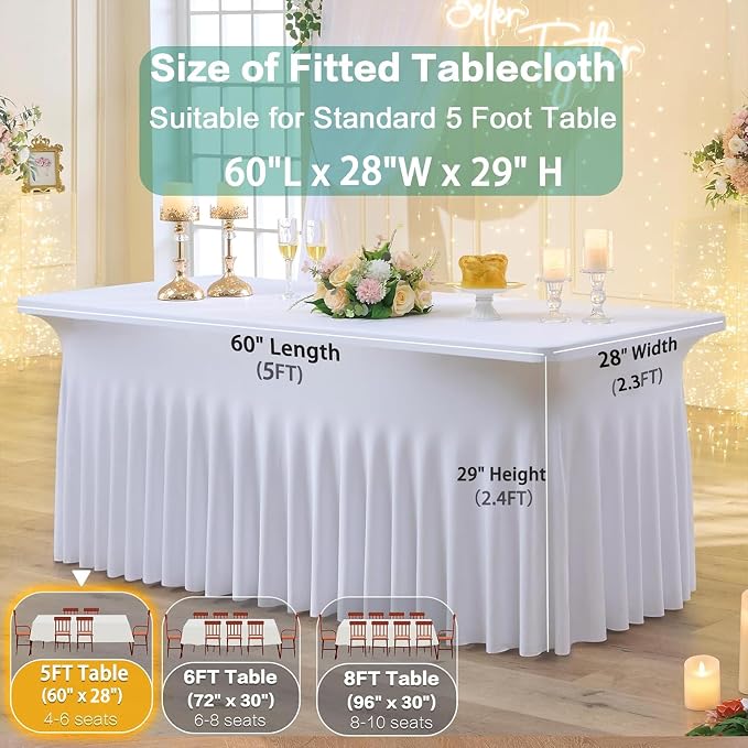2 Pack White Spandex Tablecloth for 5 Foot Rectangle Tables, Wrinkle Free Fitted Table Clothes Cover 5ft Stretchy Tablecloths with Skirt for Parties Weddings Birthday Banquet Baby Shower