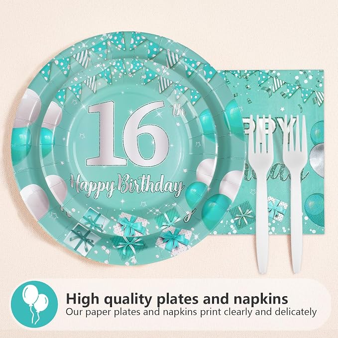 96Pcs Teal 16th Birthday Party Supplies Teal and Silver Sweet 16 Plates and Napkins Tableware Sets Sixteen Party Decorations for Teens Boys and Girls 16 Years Old Birthday Supplies Serves 24
