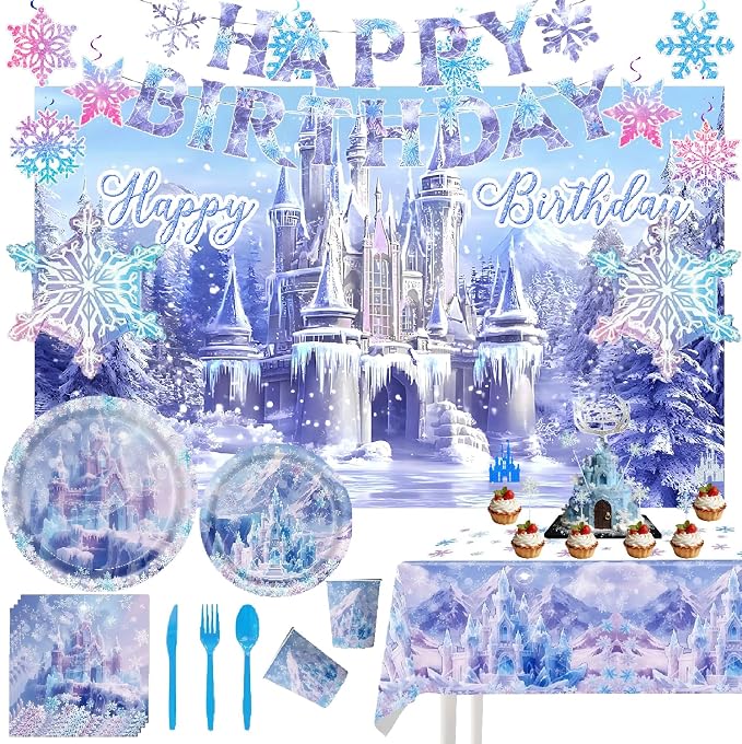 Ice Castle Themed Happy Birthday Party Decorations, Plates Napkins Cups Tableware, Winter Castle Backdrop Tablecloth, Happy Birthday Banner, Cake Topper, Colorful Printed Balloons for Kids Adults