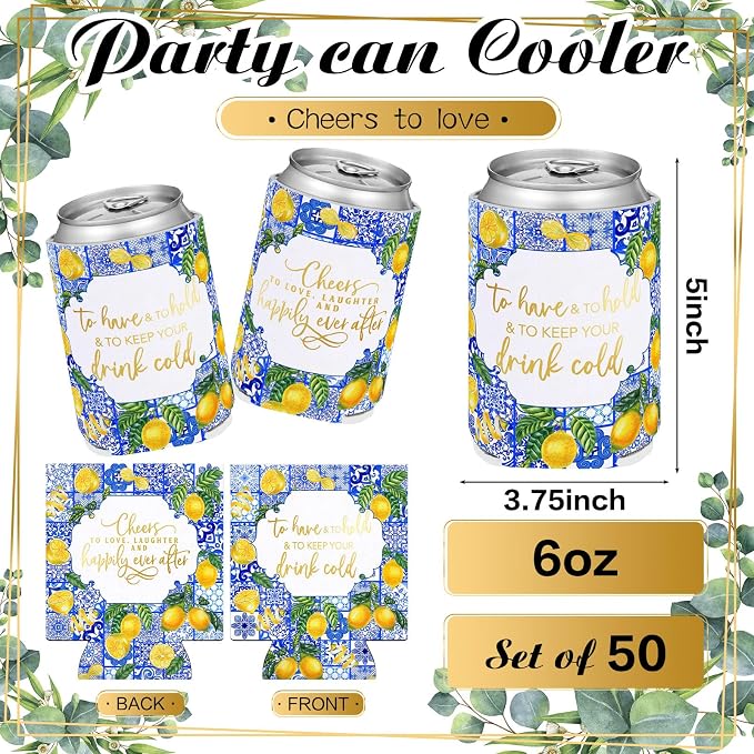 Qinyoung 50 Pieces Capri Lemon Wedding Can Cooler Bulk Amalfi Coast Decor Engagement Party Favors for Guests Cheers to Love Laughter and Happily Ever After Rehearsal Dinner Decorations for Wedding