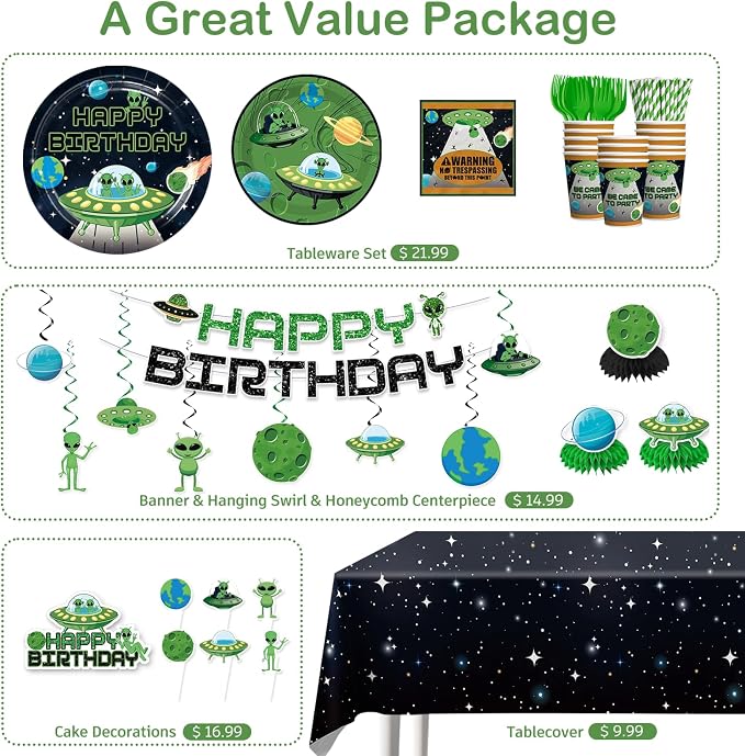 Xynic 205pcs Alien Birthday Decorations Complete Party Set, Serves 25 guests, Alien Birthday Party Decorations, Outer Space theme party supplies, includes Banner Cake Decor Plates Napkins Tablecloth